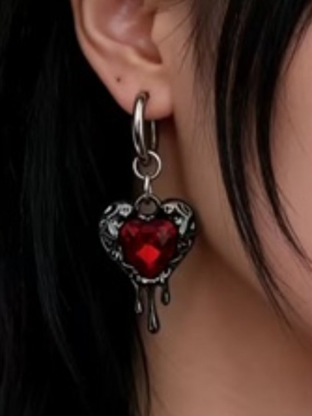 DESIGNER Rocker Chic Gunmetal Melting Red Crystal Heart Silver Hoop Earrings